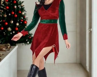 Christmas Elf Costume, Green Velvet Dress, Hat, Belt, Leggings - Etsy