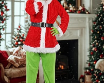 ¡Éxito de ventas! Disfraz de Grinch para adulto, disfraz de Papá Noel navideño, divertido disfraz de cosplay verde para hombre y mujer, disfraz de fiesta de Grinch.