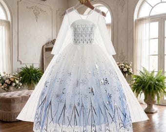 Puede incluir: Un vestido de princesa blanco y azul con mangas largas, decorado con copos de nieve plateados y patrones geométricos. El vestido está colgado de una percha dorada, mostrando su falda de tul y corpiño.