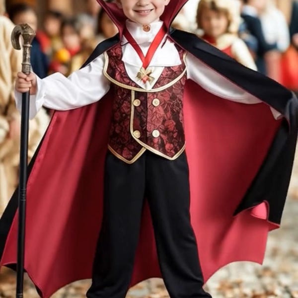 Dracula Boy Costume Kids Black Cape Red Cummerbund Waistcoat and White Cravat