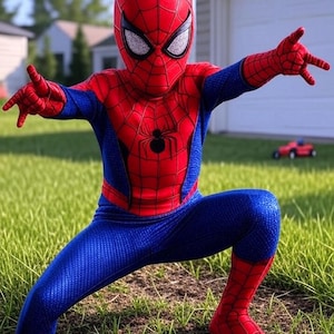 May include: A full-body Spider-Man costume featuring a red and blue colour scheme with a black spider emblem on the chest. The suit includes a matching mask with large white mesh eye lenses and a textured web pattern across the red sections.
