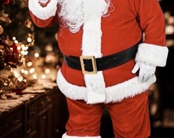 Deluxe Santa Claus Costume Set for Adults – 10pcs Velvet Christmas Suit with Beard, Hat, Gloves & Gift Bag | Men’s Santa Outfit for Holiday