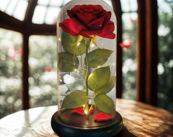 Rosa de seda eterna em cúpula de vidro com luzes LED | Rosa da Bela e a Fera | Presente romântico para ela | Dia dos Namorados