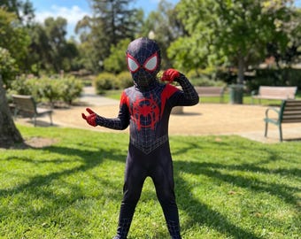 Black Red Spider Hero Costume Kids | Comic Style Superhero Suit | Halloween Outfit Boys | Stretch Cosplay Bodysuit Miles Morales