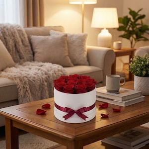 May include: A white round gift box filled with red roses, tied with a burgundy ribbon and bow. The box sits on a wooden coffee table, with scattered rose petals. A cozy living room setting with a couch and lamp is in the background.