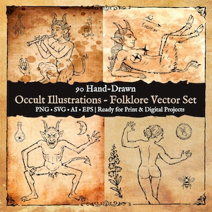 Könnte beinhalten: Ein Satz von vier Illustrationen im Vintage-Stil mit handgezeichneten okkulten Figuren. Die Kunstwerke zeigen Figuren mit Hörnern, einen Flötenspieler und den Text "90 Hand-Drawn Occult Illustrations - Folklore Vector Set".