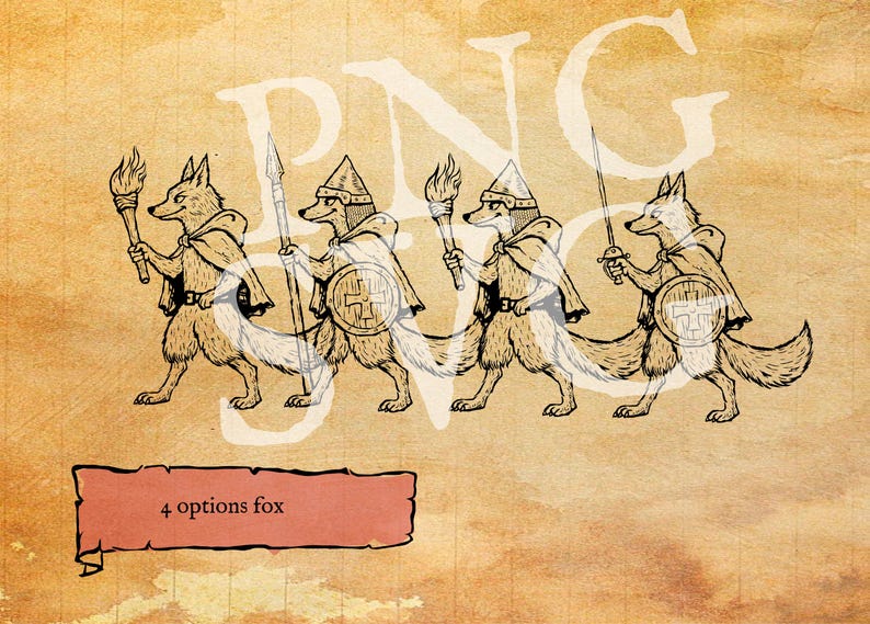 Vector Fox Medieval Medieval Fox Warrior Clipart Set – Woodcut Style Marginalia Animals ...