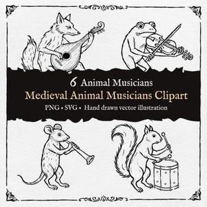 Puede incluir: Clipart en blanco y negro con seis músicos animales medievales. Un zorro toca un laúd, una rana toca el violín, un ratón toca una trompeta y una ardilla toca un tambor. El texto dice "6 Animal Musicians Medieval Animal Musicians Clipart."