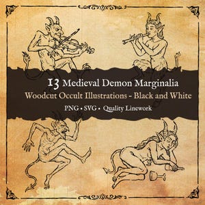 Pode incluir: Ilustrações em xilogravura a preto e branco de demónios medievais. A imagem apresenta quatro figuras, incluindo uma a tocar violino e outra a tocar flauta. O texto diz "13 Medieval Demon Marginalia".