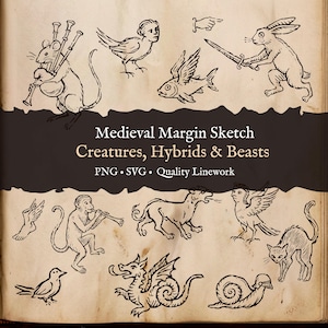May include: A vintage-style illustration featuring medieval margin sketches of various creatures and hybrids. The image includes a mouse playing bagpipes, a rabbit with a sword, and other fantastical beings. Text reads "Medieval Margin Sketch Creatures, Hybrids & Beasts."