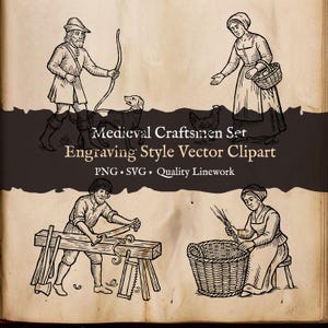 以下が含まれることがあります： 「Medieval Craftsmen Set」と題された、白黒の彫刻風ベクタークリップアートセット。 中世の生活を描いた4つのシーンがあり、弓矢を持った男性、かごを持った女性、職人が作業している様子などが描かれています。