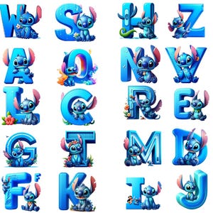 Pode incluir: Um conjunto de letras do alfabeto azuis, cada uma com o personagem Stitch do filme da Disney Lilo & Stitch. As letras são adornadas com flores e outros elementos decorativos, criando um design vibrante e divertido. As letras são em estilo 3D.