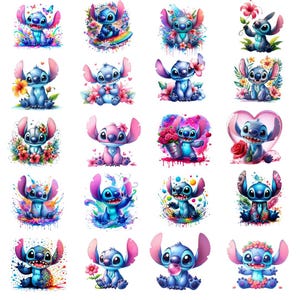 Op de afbeelding: Een verzameling aquarel illustraties met het personage Stitch uit de animatiefilm Lilo & Stitch. Elke afbeelding toont Stitch in verschillende poses, omringd door kleurrijke bloemstukken, vlinders en spetters van levendige verf.