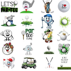 Peut inclure: Ensemble d'illustrations et de graphiques sur le thème du golf. Les images incluent des balles de golf avec des visages, des clubs de golf, un chariot de golf et du texte qui dit "LET'S PAR-TEE", "I LOVE GOLF", "Par Tee Time", "QUEEN OF THE GREEN" et "EAT SLEEP GOLF".