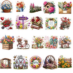Puede incluir: Una colección de ilustraciones en acuarela con elementos primaverales. Las imágenes incluyen arreglos florales en cestas, regaderas y cajas de madera. Otras imágenes incluyen una casita para pájaros, una bicicleta y una carretilla, todas decoradas con flores. Algunas imágenes tienen el texto "Hello Spring".