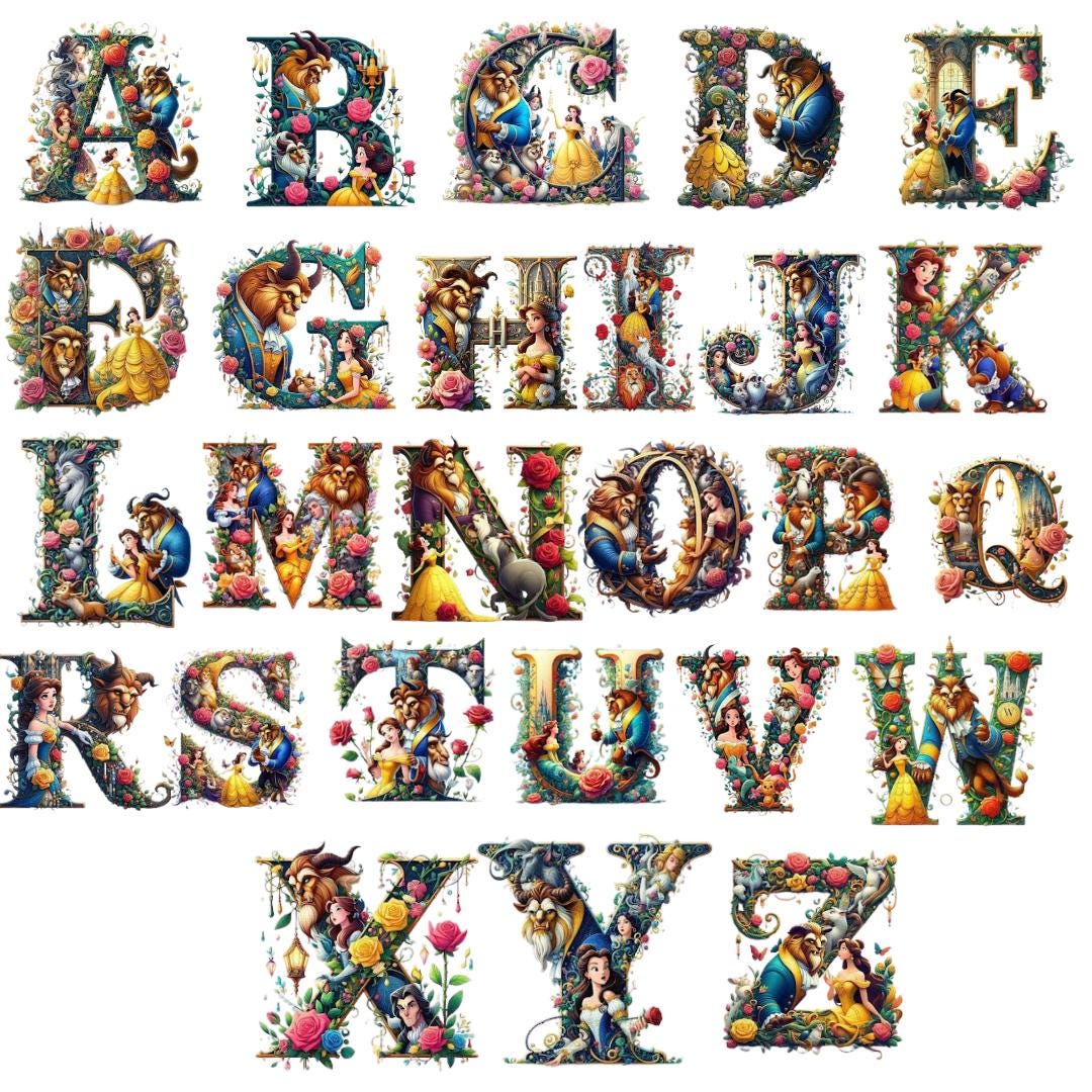 Beauty and the Beast Alphabet Letters PNG, Belle Beast Floral Clipart ...