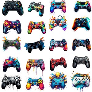 Puede incluir: Una colección de dieciséis mandos de videojuegos coloridos. Cada mando presenta un diseño único con colores vibrantes, incluyendo azul, rojo, amarillo y verde. Los mandos están dispuestos en un patrón de cuadrícula, mostrando una variedad de estilos.