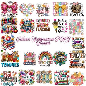 Può includere: Una collezione di design PNG colorati a tema insegnante. Le immagini includono testo come "Happy Teacher's Day", "Best Teacher Ever" e "Teach Love Inspire". I design presentano mele, matite, libri e fiocchi.