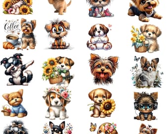 Op de afbeelding: Een verzameling kleurrijke, cartoonachtige illustraties van verschillende hondenrassen. Elke hond wordt afgebeeld in een unieke pose, met accessoires zoals zonnebrillen, hoeden en bloemen. Sommige afbeeldingen bevatten zonnebloemen, vlinders en manden.