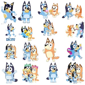 May include: A collection of colorful cartoon stickers featuring the characters from the animated series Bluey. The stickers depict Bluey, Bingo, and other characters in various poses, with some holding ice cream cones.