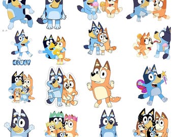 May include: A collection of colorful cartoon stickers featuring the characters from the animated series Bluey. The stickers depict Bluey, Bingo, and other characters in various poses, with some holding ice cream cones.