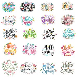 Könnte beinhalten: Eine Sammlung farbenfroher Designs zum Thema Frühling. Jedes Design zeigt die Wörter "Spring" oder "Hello Spring" in verschiedenen Schriftarten und Stilen, verziert mit floralen und botanischen Elementen. Die Designs sind lebendig und dekorativ.