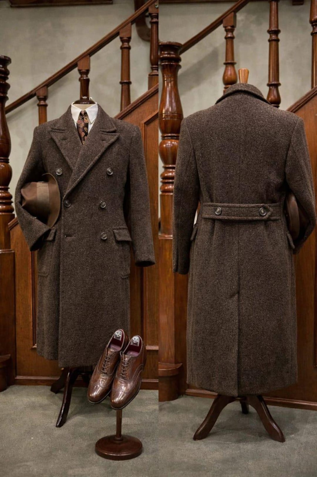 1920s Wool Tweed Overcoat, Dark Brown Trench Coat, Heritage