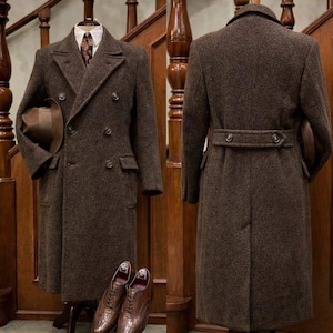 1920s Wool Tweed Overcoat, Dark Brown Trench Coat, Heritage Gentleman Style image 1