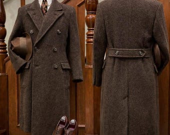 Płaszcz z tweedu wełnianego z lat 20. XX wieku, ciemnobrązowy trencz, styl dżentelmena