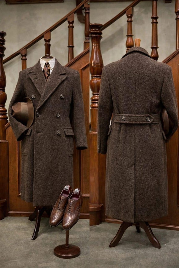 1920s Wool Tweed Overcoat, Dark Brown Trench Coat, Heritage Gentleman Style
