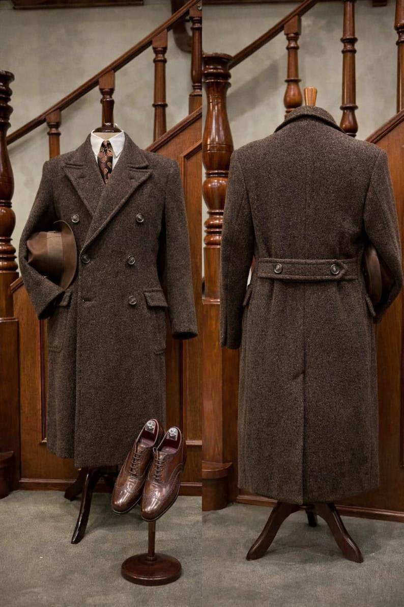 1920s Wool Tweed Overcoat, Dark Brown Trench Coat, Heritage Gentleman Style image 1