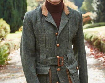 Men’s Green Tweed Belted Safari Jacket, Brown Corduroy Collar, Vintage Field Coat, Custom Made Hunting Blazer, Retro Country Jacket for Men