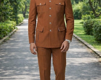 Men's Rust Brown Safari Suit Set, Military Inspired Blazer Trousers, Formal Groomswear