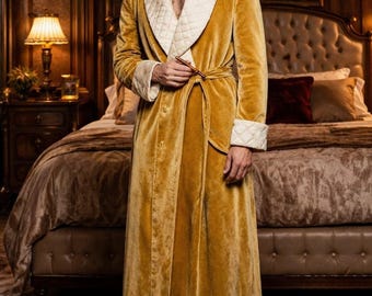 Men's Gold Velvet Robe, Quilted Shawl Collar, Vintage Style Loungewear