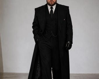 Zwart vintage driedelig pak voor heren, lange overjas, Gatsby trouwpak uit de jaren 1920, formele outfit in Peaky Blinders-stijl, maatpak voor heren