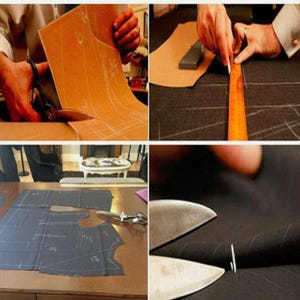 May include: A series of images depicting tailoring. One shows a person cutting a pattern with scissors. Another shows fabric being measured with a ruler. Other images show fabric pieces and scissors.