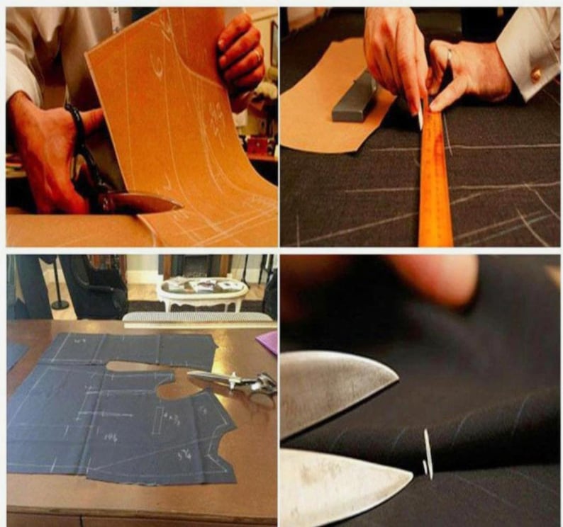 May include: A series of images depicting tailoring. One shows a person cutting a pattern with scissors. Another shows fabric being measured with a ruler. Other images show fabric pieces and scissors.