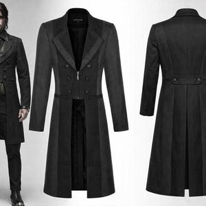 May include: Black long coat with a double-breasted front, a notched lapel, and a zipper closure. The coat has a long, tailored fit and is displayed from multiple angles. The coat is a dark color, possibly black.
