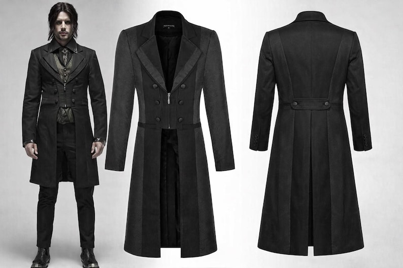 May include: Black long coat with a double-breasted front, a notched lapel, and a zipper closure. The coat has a long, tailored fit and is displayed from multiple angles. The coat is a dark color, possibly black.