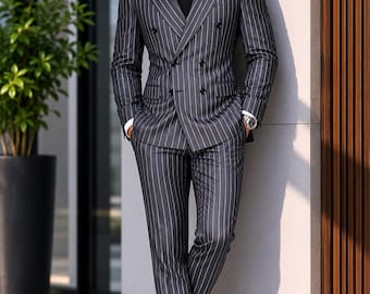 Men’s Grey Pinstripe Double Breasted Suit, Luxury Wedding Tuxedo, Slim Fit Formal Suit, Groom Outfit for Men