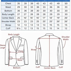May include: Image of a size chart for Korean-style men's suits, with measurements in inches. The chart includes chest, waist, bottom, body length, center back, shoulder width, bicep, and cuff measurements. Diagrams illustrate suit measurements.
