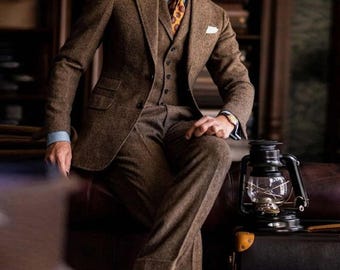 Brown Tweed Suit Men 3 Piece Wool Suit Wedding Suit Groom Suit Vintage Herringbone Tweed Blazer Vest Pants Custom Tailored by Mariclothig