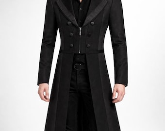 Schwarzer, gotischer Herren-Frack, viktorianischer Steampunk-Frack, zweireihige Gothic-Jacke, Vampir-Hochzeitsmantel
