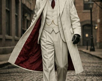 Traje vintage de mezcla de lana a rayas con abrigo largo – Estilo Peaky Blinders