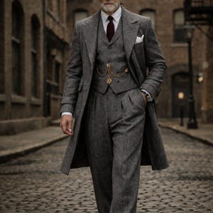 Puede incluir: Un traje de tres piezas de tweed gris con un abrigo a juego y una gorra plana. El traje incluye un chaleco, pantalones y un abrigo largo. Un pañuelo de bolsillo blanco y una cadena de reloj de bolsillo dorada añaden detalles. La persona camina por una calle adoquinada.