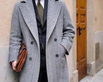 Men's Grey Haringbone  Tweed Overcoat Double Breasted Wool coat
