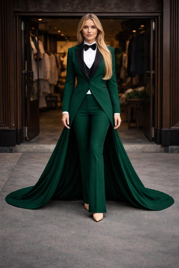 Women's Emerald Green Tailcoat Suit, Custom Tuxedo Pantsuit, Formal Wedding Suit, Long Train Blazer, Bridal Reception Outfit