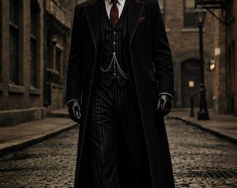 Completo vintage a tre pezzi gessato nero con cappotto lungo, stile Peaky Blinders.