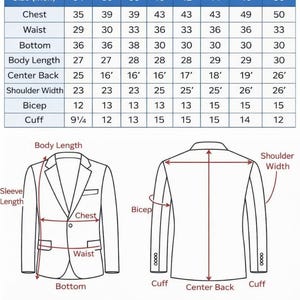 May include: Image of a size chart for Korean-style men's suits, with measurements in inches. The chart includes sizes from 34 to 50, detailing chest, waist, bottom, body length, center back, shoulder width, bicep, and cuff measurements. Diagrams illustrate suit measurements.