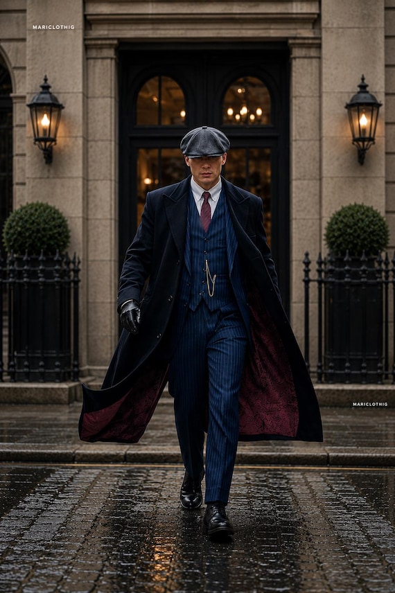 Vintage Navy Pinstripe Wedding Suit, Men’s Bespoke 3 Piece Suit, Peaky Blinders Style Suit, Custom Tailored Formal Attire